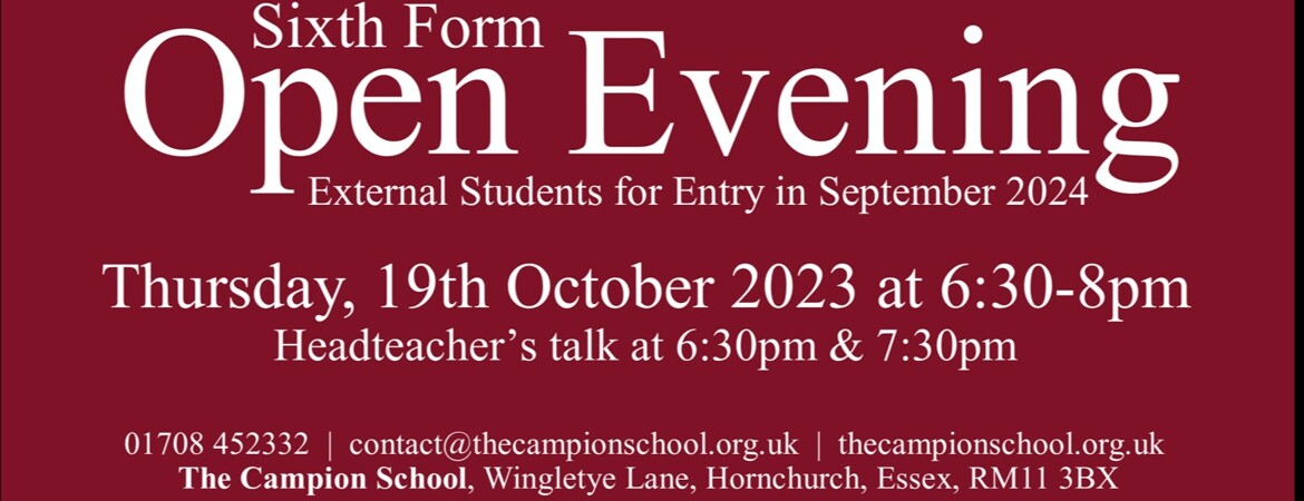 Timings for Sixth Form External Opening Evening, Thursday 19th October
