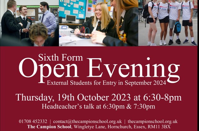 Timings for Sixth Form External Opening Evening, Thursday 19th October